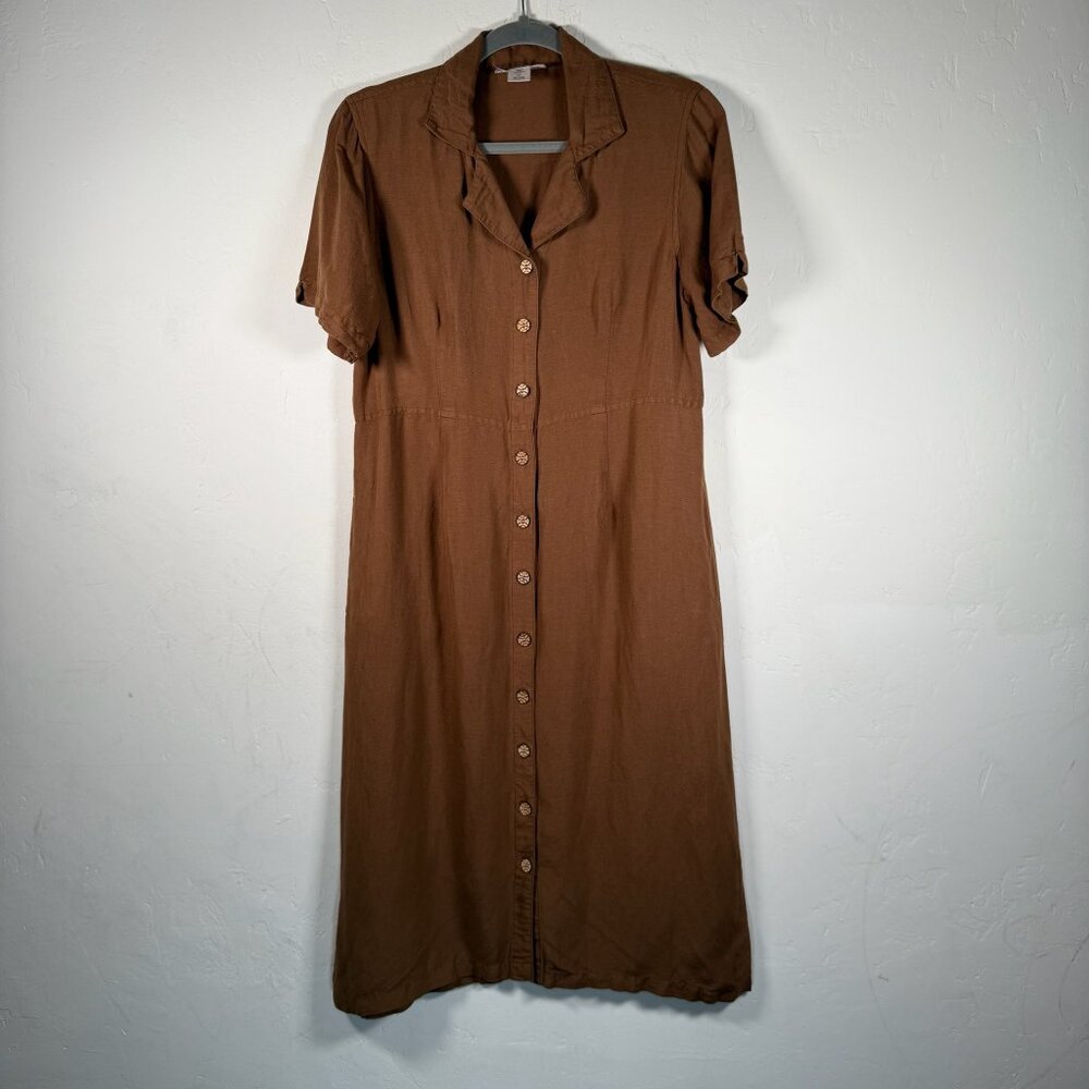 Serengeti Vintage Brown Collared Side Pocket Short Sleeve Midi Shirt Dress  S